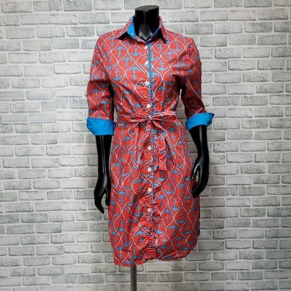 Haley and the Hound Womens 8 Coral Anchor Madeline Button Front Shirt Dress Belt - Picture 1 of 7